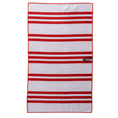 Load image into Gallery viewer, This side of the double sided towel is a white towel with red stripes and red thread around the outside.  
