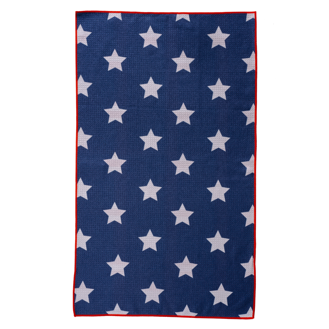 Red, white, and blue microfiber dish towel.  Blue background with white stars and a red thread boarder.