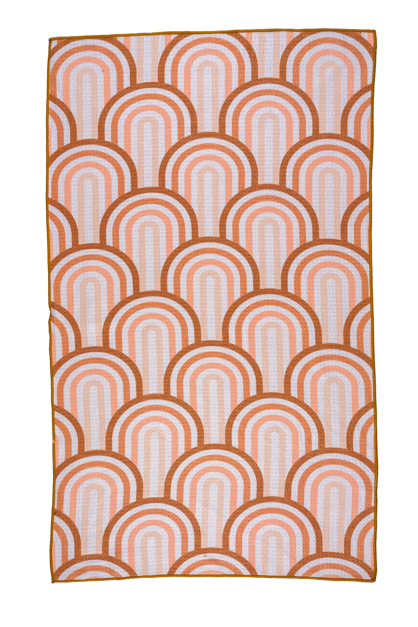 This shows one side of our double sided towels.  This side features a rainbow pattern with overlapping rainbows.  Each arch is a different pink hue.  You can also see the waffle weave pattern of our towels.