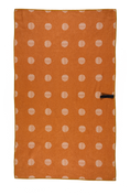 Load image into Gallery viewer, This picture is showing one side of the double sided waffle weave design.  This side features an orange hue with beige polka dots.  It also shows a hook that you can use to hang the towel to dry.
