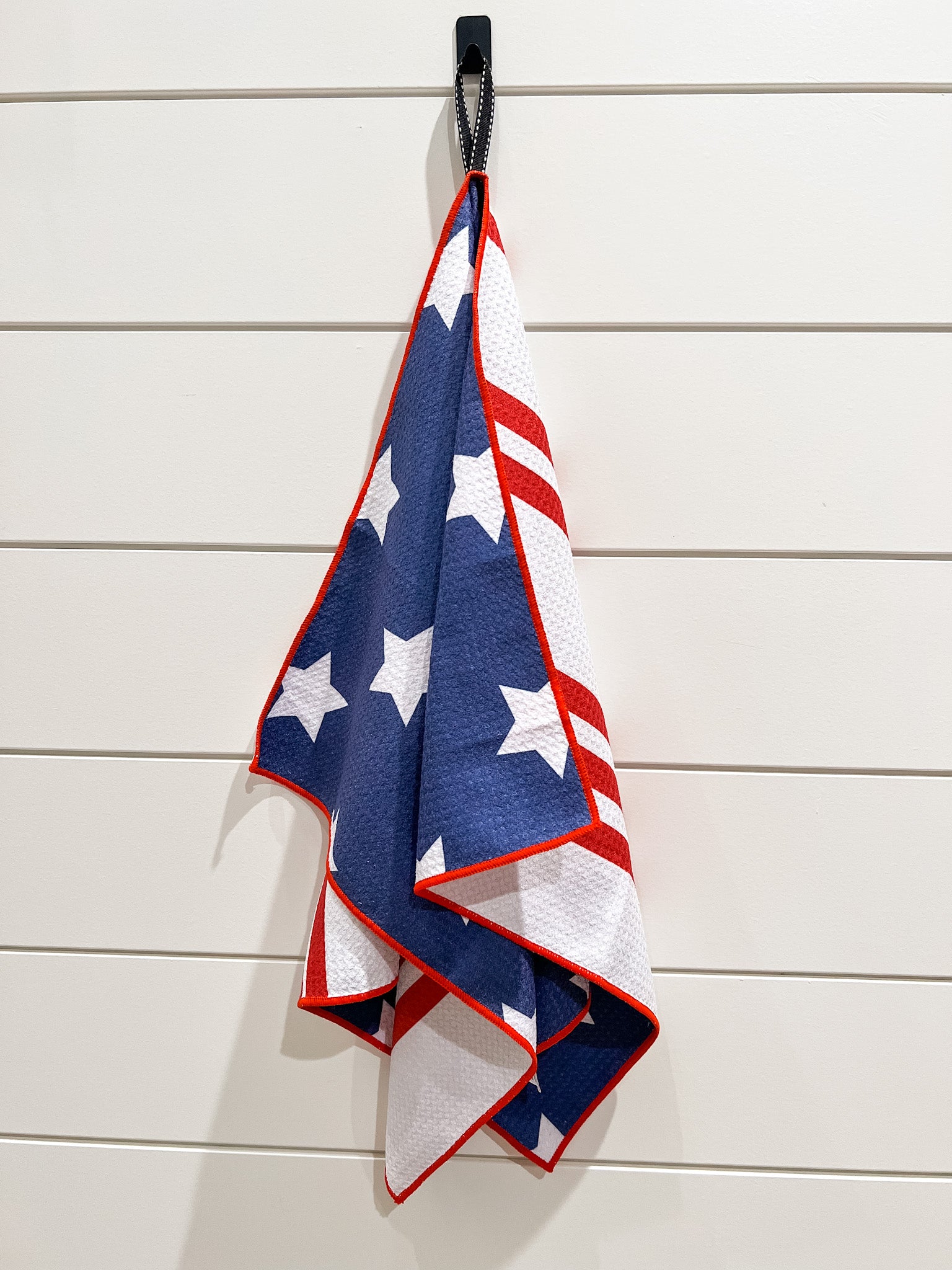 Red, white, and blue patriotic dish towel.  Featuring our waffle weave microfiber design.