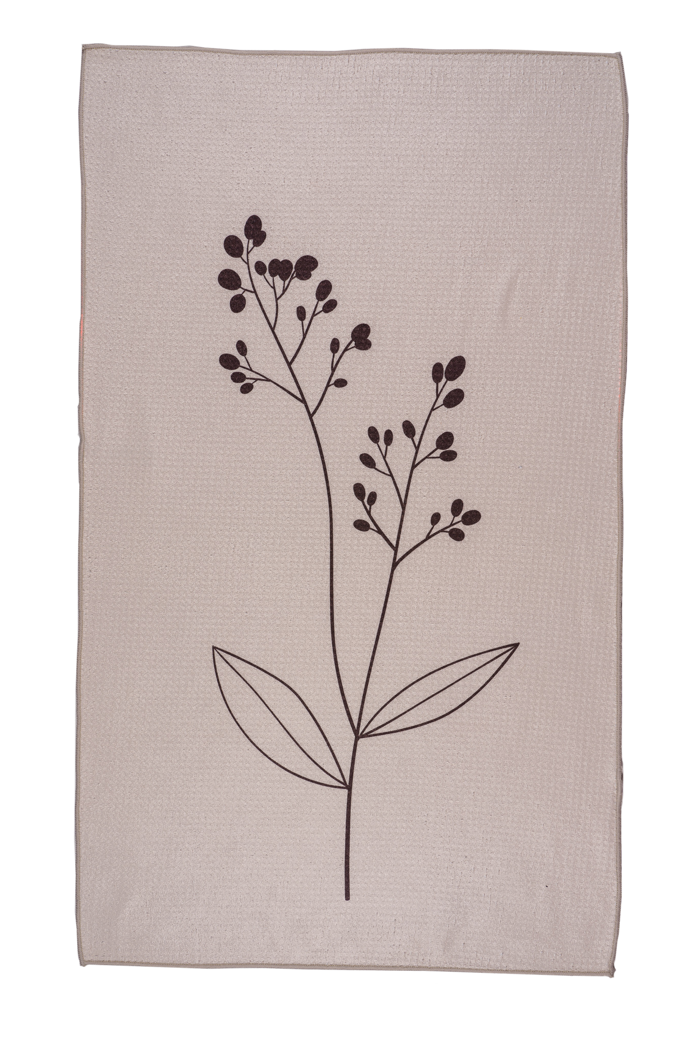 Cream colored background with a minimal black flower design on one side of the double sided waffle weave microfiber dish towel.
