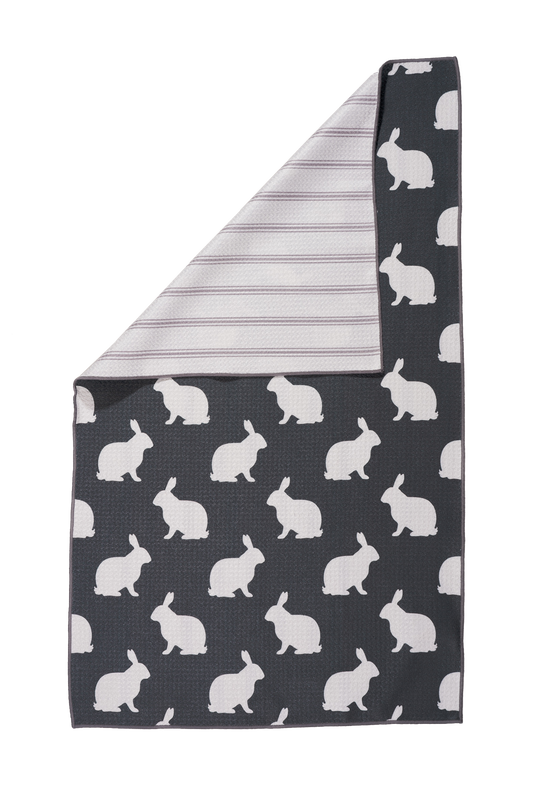 Dark Green dish towel with white bunnies. White on backside with grey pinstripes. Easter Towel 
