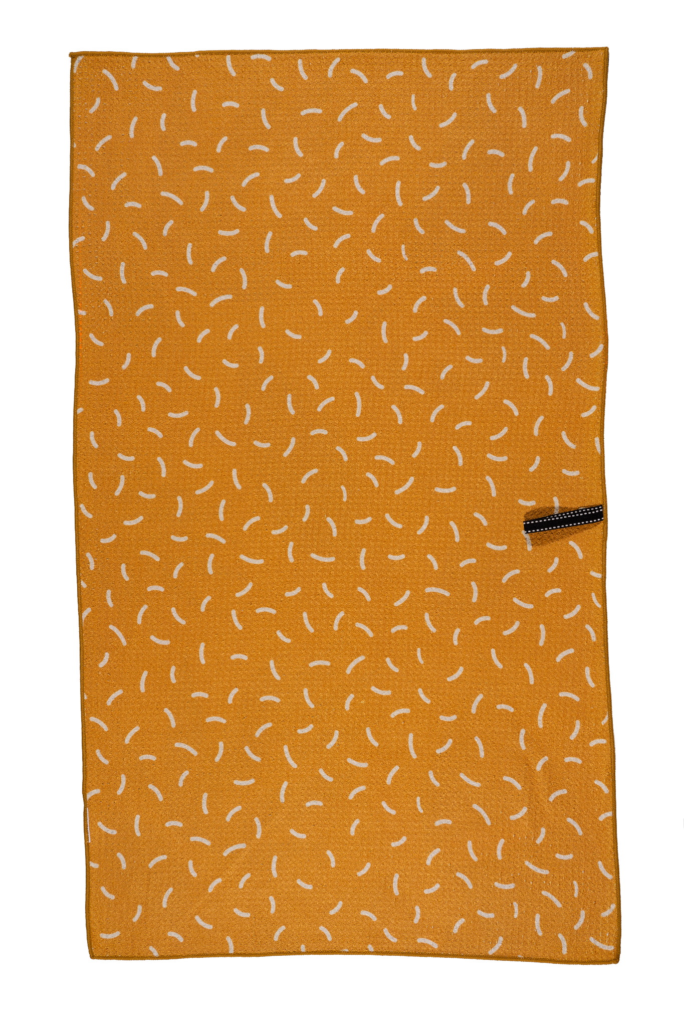 This is a picture of the yellow side of the towel that has beige sprinkle pattern on it.  It also has the side with the loop featured so you can hang for easy drying, or storing.  This dishtowel is oversized (18"x30"), super absorbent and quick drying.
