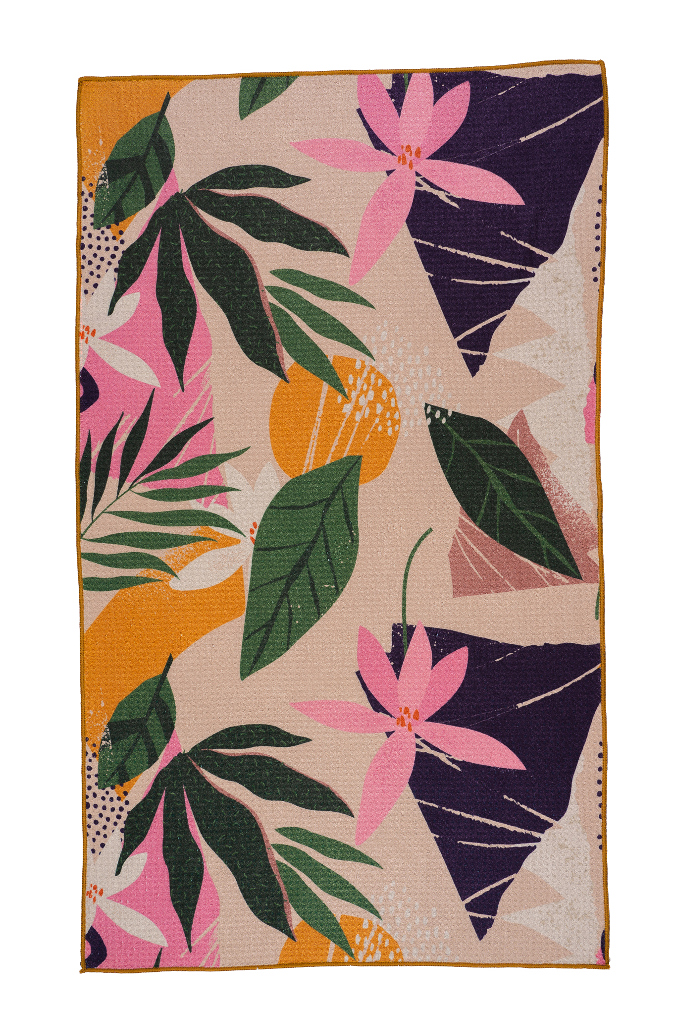 This is the tropical design with pink tropical flowers, green bamboo leaves, and yellow and purple shapes.